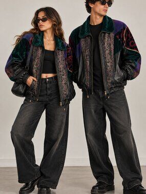 Vintage Pelle Leather Jacket Womens S Patchwork Velvet Paisley Colorblock Korea